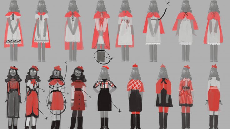 Early costume variations for Little Red, Artwork by Mira Mira, property of Magic Light Pictures